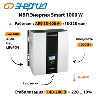 ИБП Энергия Smart 1000W - ИБП и АКБ - Энергия ИБП Smart - . Магазин оборудования для автономного и резервного электропитания Ekosolar.ru в Иванове