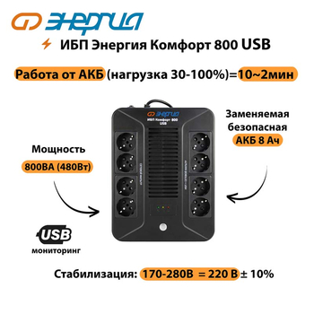 ИБП Комфорт 800 USB Энергия - ИБП и АКБ - Энергия ИБП Комфорт - . Магазин оборудования для автономного и резервного электропитания Ekosolar.ru в Иванове